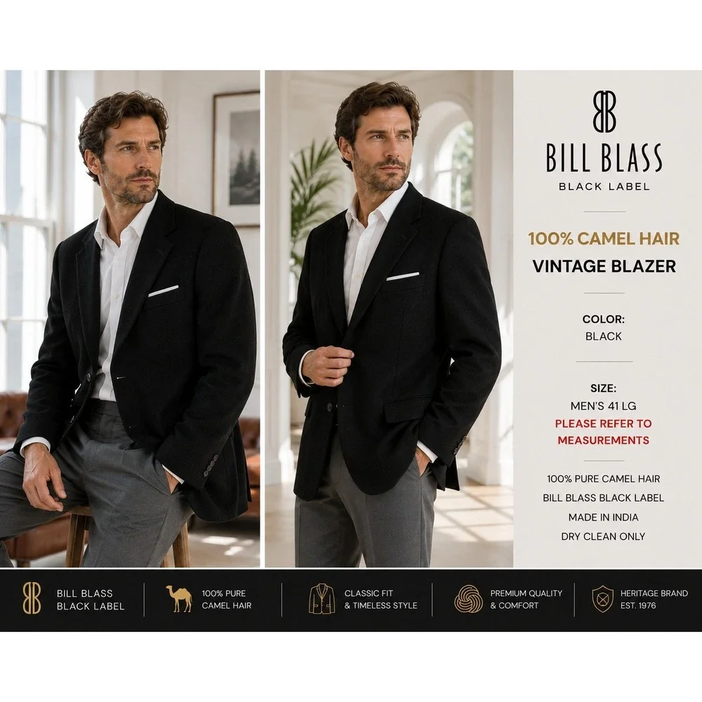 Bill Blass Black Label Blazer Mens 42L Black 100% Camel Hair Vintage Sport Coat